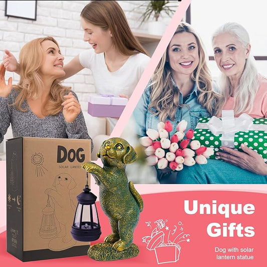 Dog Statue with Solar Lantern - 9.84 Inch Resin Solar Outdoor Lawn Yard Garden Decor - Unique Design Gifts for Women Mom Men (Copper)