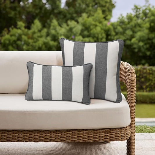 Decorative Outdoor Water Repellent Throw Pillows with Inserts, Set of 4, 20" x12" Pillows for Patio, Backyard, Bed, Couch, and Patio Furniture, Gray Stripe