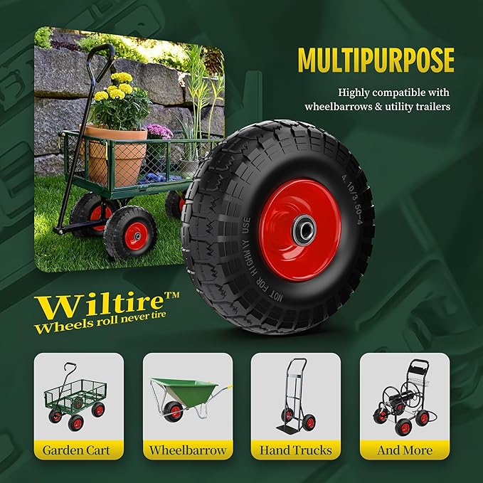 (2 Pack) 4.10/3.50-4 Flat Free Tire and Wheel 10-Inch Solid Wheel Replacement with 5/8 Bearings,2.2" Offset Hub -Compatible with Hand Truck,Wheelbarrow(Red)