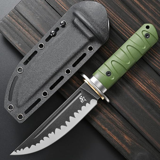 Sitivien ST29 Fixed Blade Knife, AUS-10 Steel Blade G10 Handle Full Tang Bowie Knife for Outdoor Camping Hunting Fishing Working(Green)