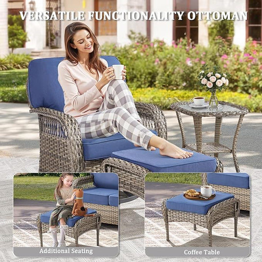 6 Pieces Patio Furniture Set Outdoor Sectional Sofa Couch with Rocking Swivel Chairs 5" Deep Seat Chairs, 2 Sofa Sets Modern Wicker Rattan Conversation Set, Blue/Gray Wicker