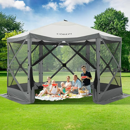 COBIZI 12x12ft Pop up Gazebo Screen Tent Screen House for Camping, Camping Outdoor Screened Gazebo with Mosquito Netting, Portable Hub Tent with Carrying Bag and Ground Stakes, Grey(Upgraded 2.0)