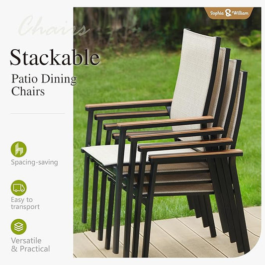 Sophia & William Patio Dining Set 5 Pieces, 4 Stackable Aluminum Textilene Dining Chairs with 37"x 37" Square Dining Table, Patio Table Chair Set for Outdoor Garden Lawn (Beige)
