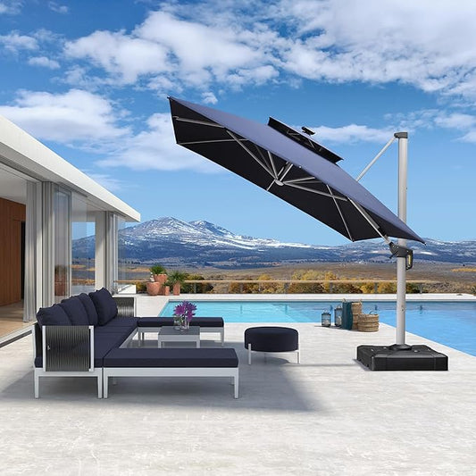 PURPLE LEAF 10' X 13' Double Top Deluxe Solar Powered LED Rectangle Patio Umbrella Offset Hanging Umbrella Outdoor Cantilever Umbrella, Navy Blue