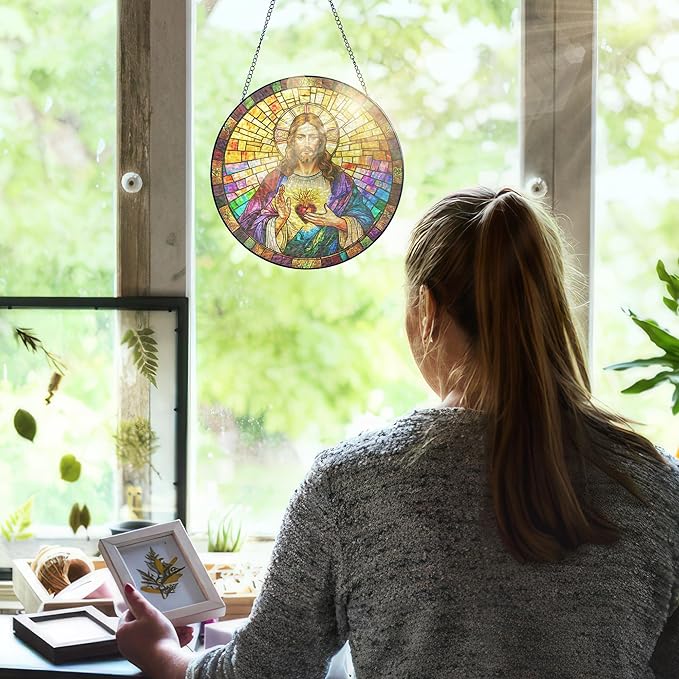 FLAGWIX Christmas Christian Gifts for Women Faith - Stained Glass Window Hanging 10 in - Birthday Catholic Religious Gifts, Suncatchers Windows Hanging, Spiritual Suncatcher Home Garden Decor