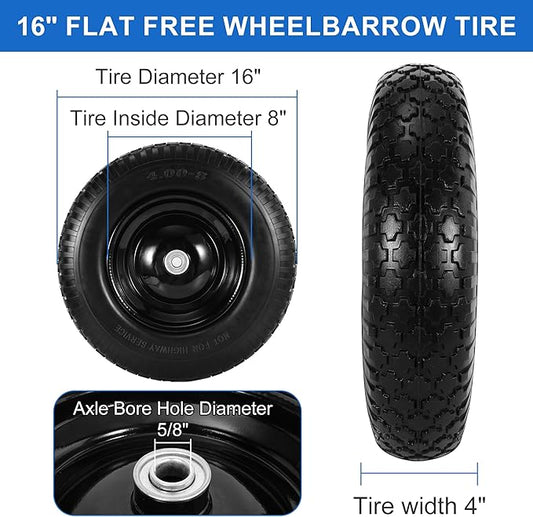 16" Flat Free Wheelbarrow Tires, 4.80/4.00-8" Flat-Free Solid Tire with 5/8" Axle Bore Hole for Wheelbarrow Lawn Mover Trolley Dolly Go Kart Replacement (2 Pack)