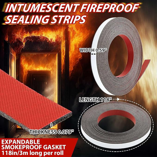 2 Rolls Intumescent Smoke Seal Strip Tape Flexible Expanding Fire Door Strips Adhesive Backed Composite Rubber Smoke Gasket Seal for Fire Windows Steel Doors, 0.6'' x 0.08'' x 9.8'/Roll