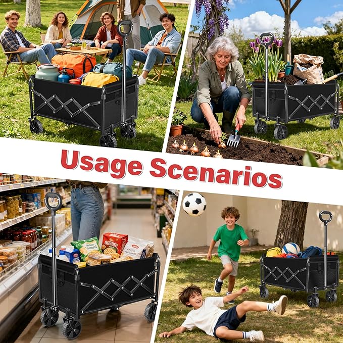 Collapsible Folding Utility Wagon Cart with Wheels, 360 Lbs Heavy Duty Outdoor Foldable Wagon with Adjustable Handle, 2 Drink Holders, Portable Wagon for Groceries, Garden, Beach, Camping, Shopping