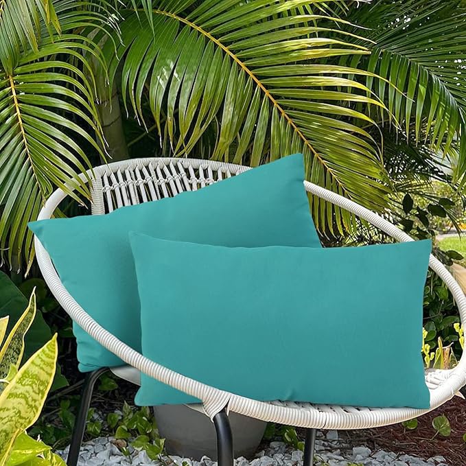 idee-home Outdoor Pillows with Inserts Included, Patio Outside Lumbar Pillows Waterproof Set of 2, 12 x 20 inch Peocock Blue