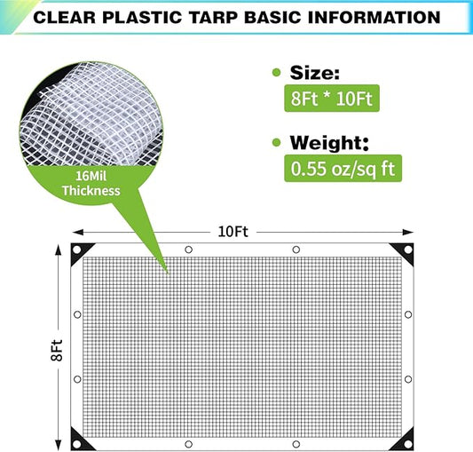 8Ftx10Ft Clear Greenhouse Plastic Covering, 16Mil Thickness Heavy Duty Clear tarp for Chicken coop, Greenhouse Plastic sheeting with Hemmed Edges & preinstalled Grommets.