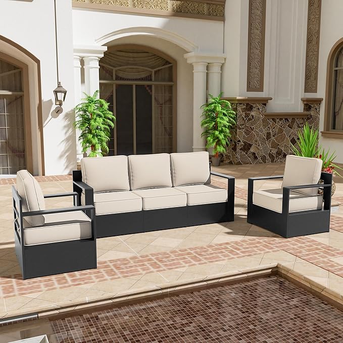 3 PCS Aluminum Patio Conversation Set - Outdoor 3-Seater Sofa, 2 Fixed Chair with 6" Thick Water-insistant Cushions, All-Weather Use Frame, Removable Cover, Ideal for Garden, Poolside (Beige)