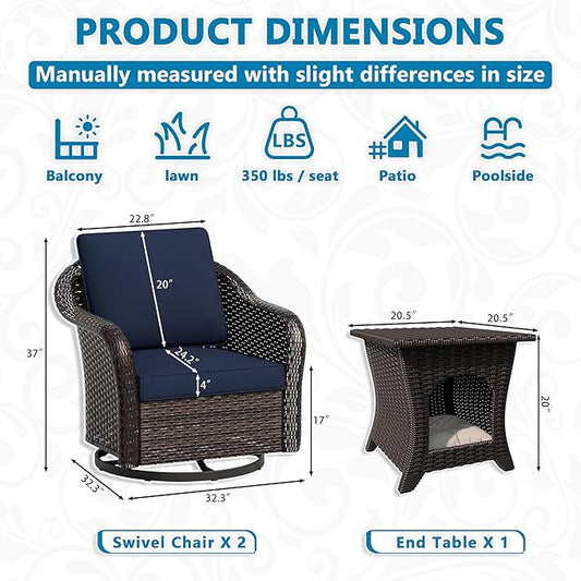 Vista Vibe Outdoor Wicker 360 Degree Swivel Glider Rocker Chairs Set of 2 with Cat Nest Side Table, All-Weather Rattan Patio Conversation Furniture Set with Washable Cushions for Balcony, Yard (Navy)