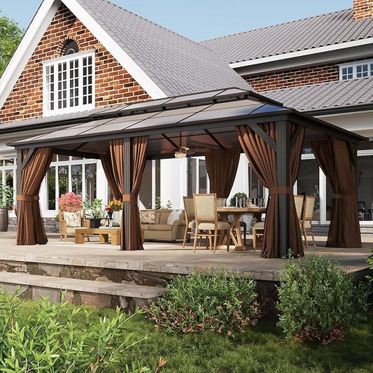 Aoxun 12'x20' Hardtop Gazebo, Aluminum Frame Permanent Pavilion with Netting and Curtains, Outdoor Polycarbonate Double Roof Canopy, Designed for Lawn, Garden, Patio (Khaki)