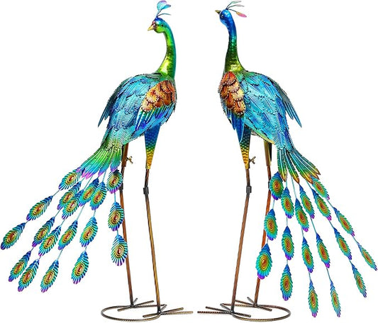 32" Tall Metal Peacock Garden Statue, Handmade Oversized Couple Peacock Sculptures with Anchor Ground Stakes, Iron Ornament Yard Art Decor for Garden, Patio, Entryway Porch, or Home Space.