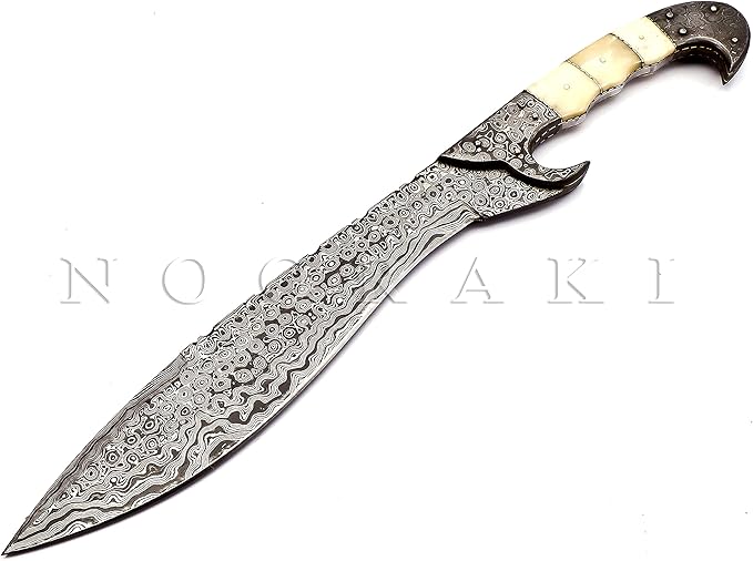 Nooraki MK-2007 Handmade Damascus Steel Fixed Blade Machete/Kukri Knife with Leather Sheath, Full Tang Multipurpose Knife with Camel Bone Handle for Hunting, Hiking, Camping, Survival, 18" Length