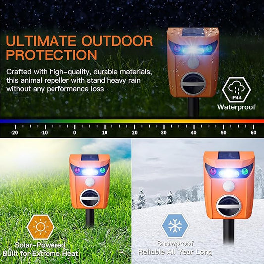 X-PEST Ultrasonic Animal Repeller Solar Powered Outdoor, 360° Ultrasonic Cat Repeller with LED Flashing Light, Waterproof Deer Repellent Devices for Repelling Sankes, Raccoons, Cats, Dogs, Rabbits