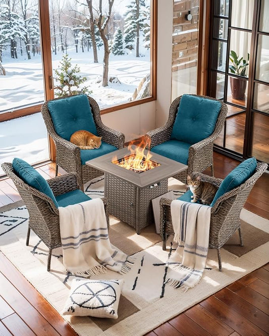 Patio Wicker Chairs Outdoor Furniture Chair - Set of 4 Outside All Weather Lawn Dining Brown Rattan Armchair with High Back&Deep Seating for Deck Porch Balcony Backyard Garden - Peacock Blue