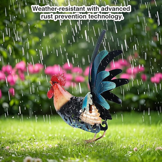 16.5" Metal Rooster Garden Statue, Handmade Morning Crowing Rooster Sculpture with Green Tail Feathers, Rust-Resistant Iron Art for Yard, Farmhouse, Kitchen & Outdoor Decor
