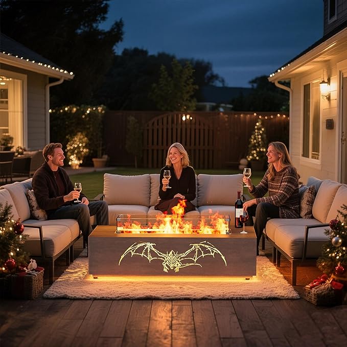 42" Outdoor Fire Pit Table, 50,000 BTU Gas Fire Pit with Glass Wind Guard, Fire Stones, Waterproof Cover, Propane Fire Pit Table for Outside Patio, Hollow-Out (Dragon, Brown)