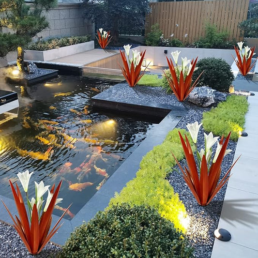 Homight Metal Agave Plant Outdoor Decoration Lily Mexican Yard Art Garden Gift Home Decor Hand Painted Metal Agave Garden Yard Statue, Outdoor Lawn Ornaments (2 Big White Lilies)