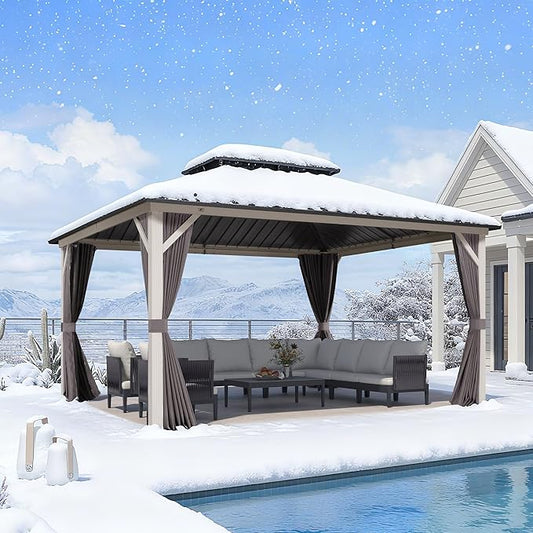 PURPLE LEAF 12' X 14' Hardtop Gazebo,Outdoor White Aluminum Frame Gazebo with Curtain and Netting for Patio, Garden and Backyard