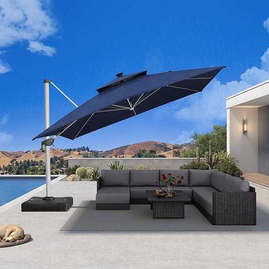 PURPLE LEAF 12' X 12' Solar Powered LED Patio Large Umbrella Offset Double Top Hanging Umbrella Outdoor Market Umbrella for Garden, Spectrum Indigo
