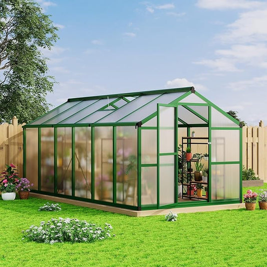 8 x 12 FT Greenhouse, Heavy-Duty Polycarbonate Large Walk-in Greenhouse Roof Vent ,Aluminum Frame & Lockable Door, for Backyard, Green Houses for Outside Garden Backyard