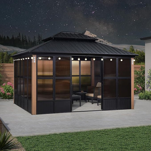 PURPLE LEAF 12' X 14' Patio Hardtop Gazebo Double Top Outdoor Screen House Aluminum Solarium Backyard Sun Room with Detachable Windows and 24 Solar String Light