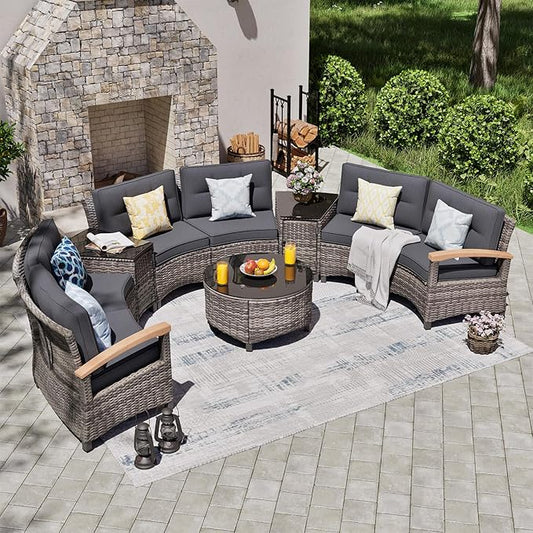 MEISSALIVVE 9 Piece Outdoor Patio Furniture Set, Half-Moon Curved Sectional Sofa Rattan Conversation Set with Wood Armrests, Coffee Table & Side Table(Grey)