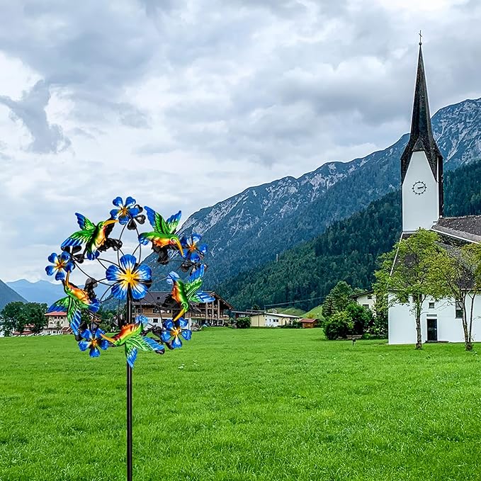 Double Blade Hummingbird Swivel Wind Spinners, Outdoor Garden Spinners 38inch Garden Stakes Decor, Metal Pinwheels for Yard and Lawn