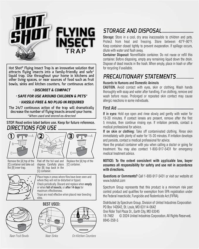 Hot Shot Flying Insect Trap, Discreet, Hassle-Free Trap Attracts, Captures House Flies and Fruit Flies, 24/7 Continuous Attraction, No Plug-in Or Electricity Needed, 6 Count