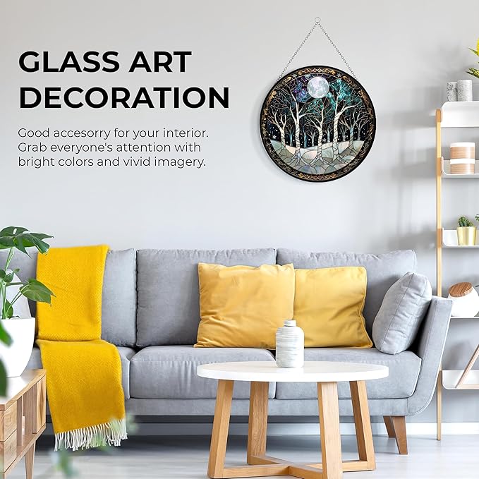 Snow Stained Glass Window Hanging Christmas Tree Winter Snow Night Scenery 6.3" - Suncatcher Door Garden Kitchen Sun Catcher Home Decor Birthday for Mom Men Woman Friend Family