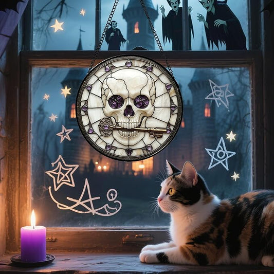 Stained Glass Window Hanging - Halloween Scary Skull Suncatcher for Doors Garden Home Spooky Purple Skeleton Key Sun Catchers Gothic Decor Horror Gifts for Women Men Friend Boy Girl 15 in