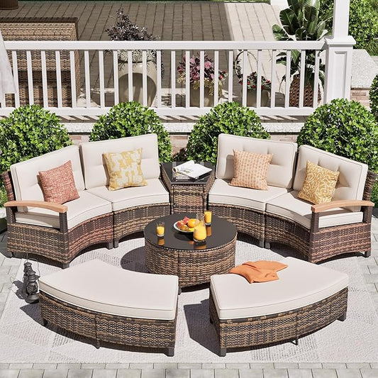 MEISSALIVVE 8 Piece Outdoor Patio Furniture Set, Half-Moon Curved Sectional Set with Wood Armrests, Patio Conversation Set, 2 Half-Moon Ottomans,Coffee & Side Tables (Brown)