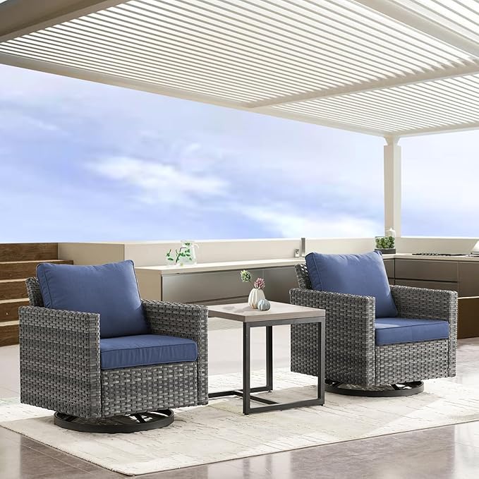 Outdoor Swivel Rocker Chairs, Patio Swivel Chair Set, Two Swivel Patio Wicker Chairs with One Side Table, Grey/Blue