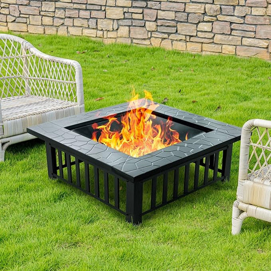 32 inch Fire Pit, Square Outdoor Fire Pit Table with Spark Screen & Fire Poker, 3-in-1 Multipurpose Firepits for Outside, Fireplace for Yard, Garden, Patio