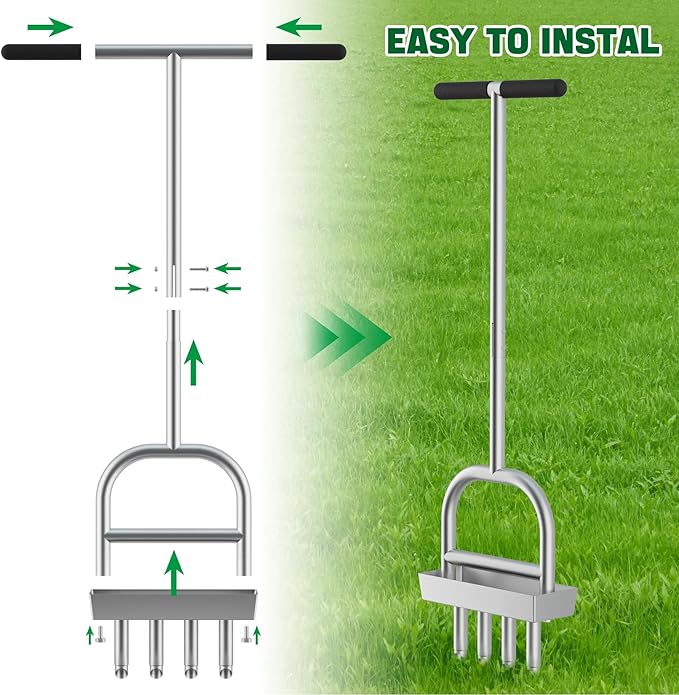 Lawn Aerator Coring Tool with Soil Core Storage Tray,4 Tine Stainless Steel Manual Garden Plug Aerator for Yard Grass,Lawn Coring Aeration for Soil Aeration,Lawn Care Cleaning,Compacted Soil(Silver)