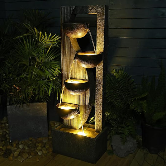Outdoor-Water-Fountain Waterfalls Garden Fountain 5-Tier Outdoor Floor Standing Water Fountains with Natural Stones, LED Lights, Pump for Garden, Living Room, Patio, 49.2 Inches Tall