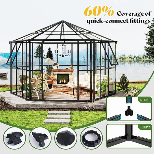 AMERLIFE 12×10×8 ft Hexagonal Outdoor Greenhouse, Aluminum Frame with Quick‑Connectors, 2 Swing Doors, 2 Vents – Walk‑in Garden Structure