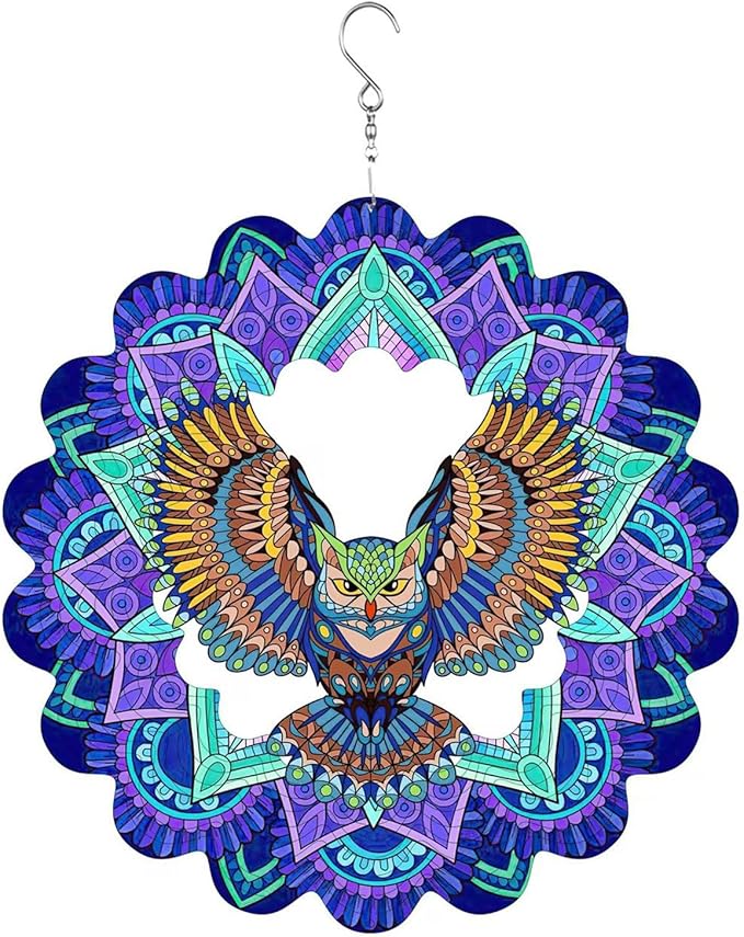 Hanging Wind Spinners Outdoor - Owl Gifts for Mom Dad Grandma, 11.5 Inch 3D Metal Birds Wind Catcher Art Garden Kinetic Wind Sculptures & Spinners for Garden Yard Porch Decor