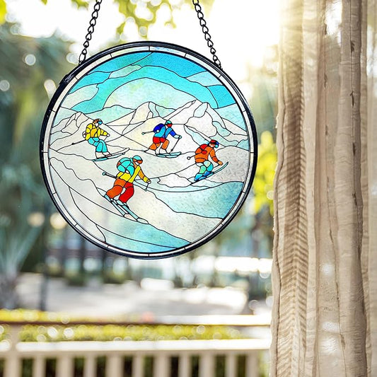 kdqua Winter Ski Suncatcher Stained Glass Window Hanging, Ski Lovers Gifts for Women Sun Catchers Indoor Window Glass Round Wall Decor, Winter Skiing Wall Art Hanging Decorations Statues, 7.9x7.9in