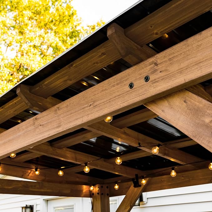 Backyard Discovery Saxony 8' x 5' Cedar Wood BBQ Grill Gazebo Pavilion with Hardtop Galvanized Steel Roof, Bar Tops, Powerport, Snow Support, Wind Resistance, Cook Station for Outdoor Patio or Deck