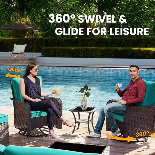 11 Pieces Outdoor Patio Furniture Set Outdoor Furniture Patio Sectional Sofa Conversation Sets w/ETL Approved 45" Gas Outdoor Fire Table & Coffee Table, Swivel Rocking Chair (Turquoise)