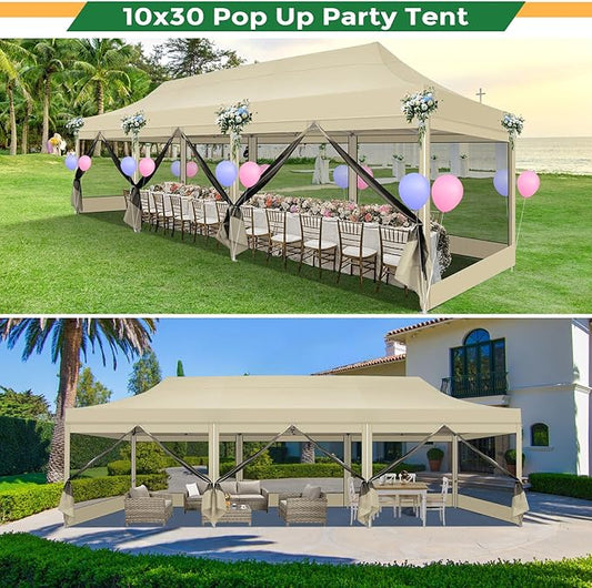 COBIZI 10x30 Heavy Duty Pop Up Canopy Tent with 8 Sidewalls, Commercial Gazebo Party Tent with Mosquito Netting Wall Easy Set Up Outdoor Instant Screen Tent for Backyard, Patio, Garden, Khaki