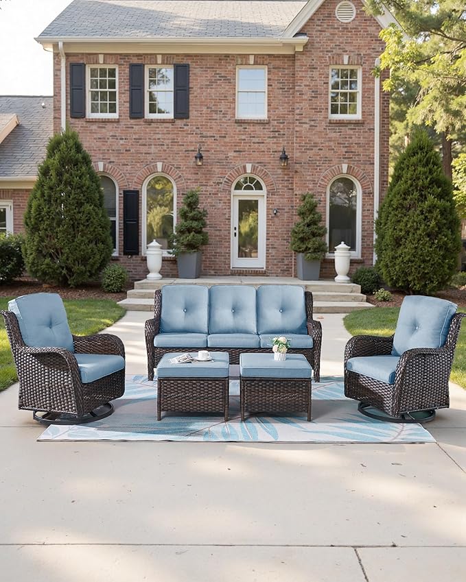 Pop 22x25/22x24 Outdoor Furniture Cushions Set of 6 - Comfortable Patio Chair Cushion for Rattan Wicker Dining Rocking Swivel Chairs Loveseat Couch L-Shape Sectional Sofa - Baby Blue/Button