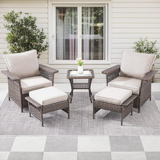 5 Pieces Wicker Patio Furniture Set - Hollow Widen Armrests Outdoor Rattan Chairs with Ottomans and Side Table, Small Patio Convention Set for Balcony Porch Deck and Yard - Brown/Beige