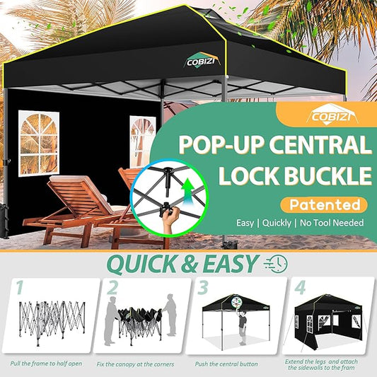 COBIZI 10x10 Pop up Canopy Tent with Sidewalls,One Person Setup, Waterproof,3 Adjustable Height,Outdoor Commercial Gazebo with Air Vent, Reflective Strip,4 Sandbags for Garden,Party, Beach,(Black)