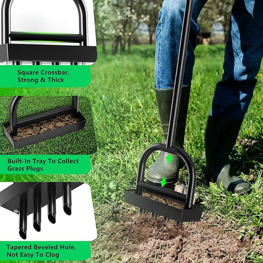 Lawn Aerator Coring Tool with Soil Core Storage Tray,4 Tine Stainless Steel Manual Garden Plug Aerator for Yard Grass,Lawn Coring Aeration for Soil Aeration,Lawn Care Cleaning,Compacted Soil(Black)