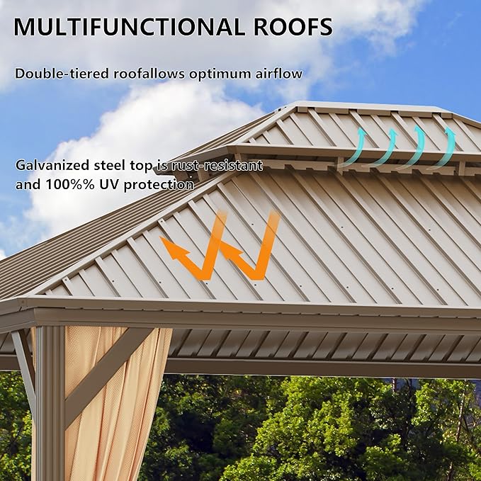 10'x14' Hardtop Gazebo, Outdoor Aluminum Patio Gazebo Double Roof Galvanized Steel Canopy with Netting and Curtains,for Garden, Patio, Backyard, Deck and Lawns.
