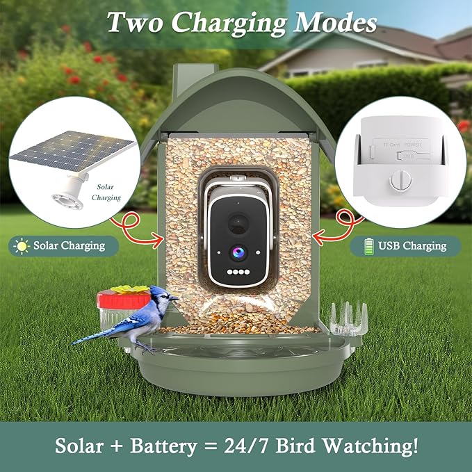 Bird Feeder with Camera, 2-in-1 Bird Bath and Perch, 3K Live View, Squirrel-Proof Cable, 2.4G WiFi, AI Detection, Instant Arrival Alerts, Backyard Birdwatching Gift for Birdlovers